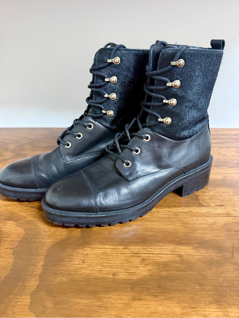 Massimo Dutti Black Leather & Pony Hair Lace-Up Ankle Boots
